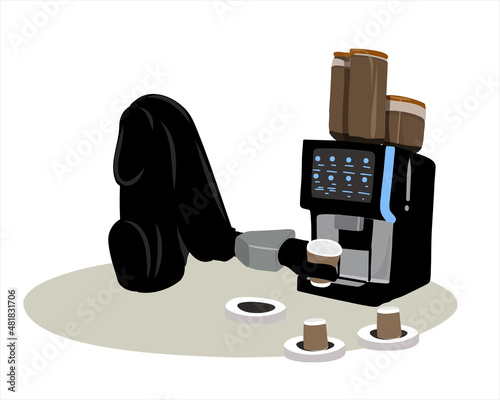 Robot barista or robotic arm making coffee.
Automatic coffee machine concept. Flat vector illustration