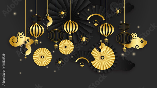 Black and gold chinese china background with lantern, lamp, border, frame, pattern, symbol, cloud, rigid fixed fan and flower.