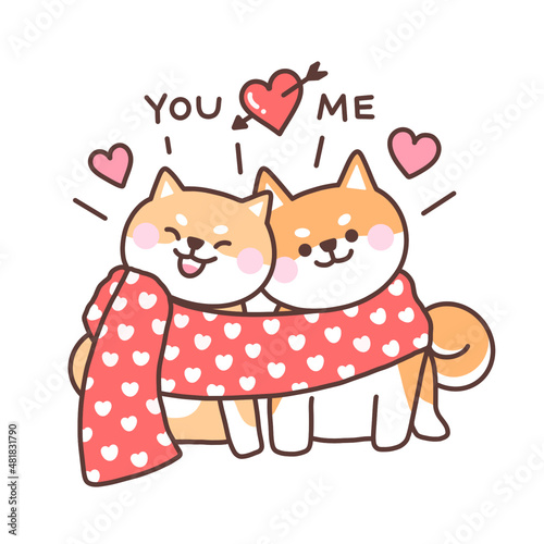Draw vector illustration character design couple of shiba inu dog with text for valentines day.Love concept doodle cartoon style.