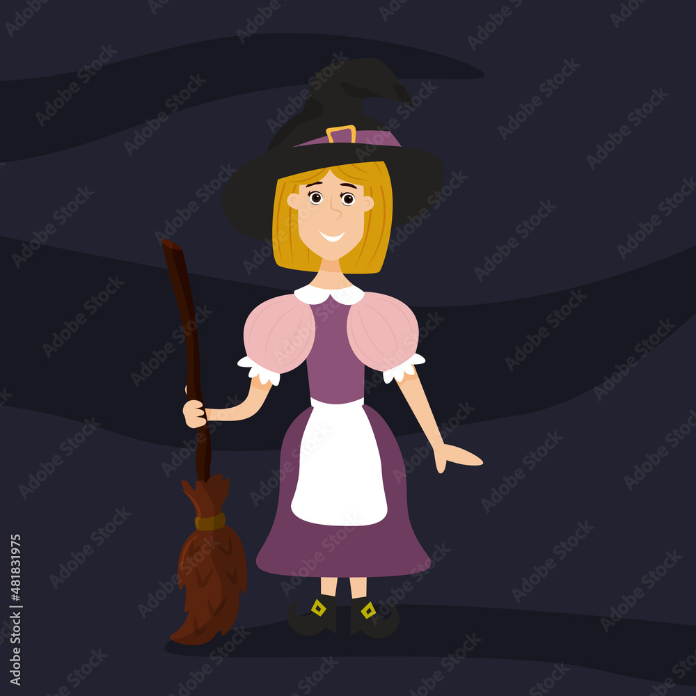 Cute witch with a broom in her hand on a dark background