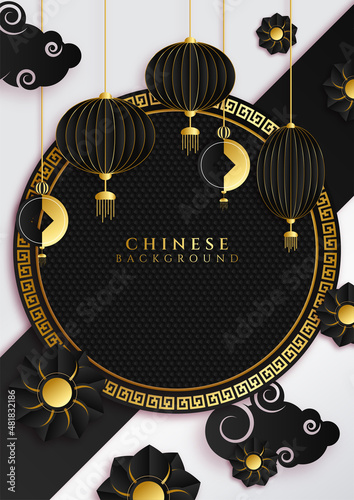 Black and gold chinese china background with lantern, lamp, border, frame, pattern, symbol, cloud, rigid fixed fan and flower.