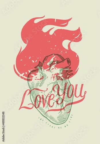 Realistic vintage heart on fire with Love You elegant typography isolated Valentines day vector illustration.