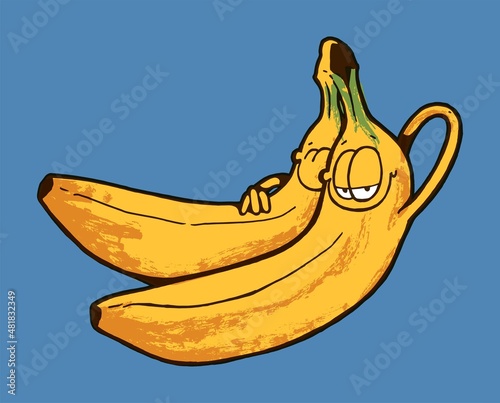 Bananas couple characters hugging satisfied. Valentines day fruit characters isolated.