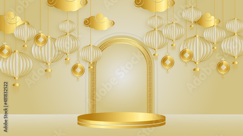 Modern 3d gold chinese china background with lantern, lamp, border, frame, pattern, symbol, cloud, rigid fixed fan and flower.