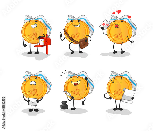 medal postman set character. cartoon mascot vector