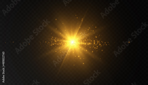 Bright yellow light effect, flash of light in outer space for vector illustration.