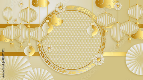 Modern 3d gold chinese china background with lantern, lamp, border, frame, pattern, symbol, cloud, rigid fixed fan and flower.