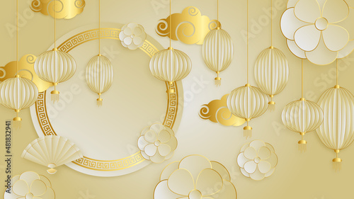 Modern 3d gold chinese china background with lantern, lamp, border, frame, pattern, symbol, cloud, rigid fixed fan and flower.