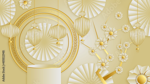 Modern 3d gold chinese china background with lantern, lamp, border, frame, pattern, symbol, cloud, rigid fixed fan and flower.