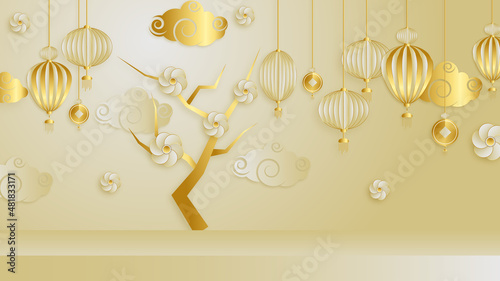 Modern 3d gold chinese china background with lantern, lamp, border, frame, pattern, symbol, cloud, rigid fixed fan and flower.