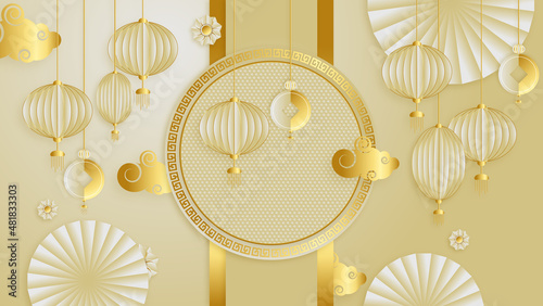 Modern 3d gold chinese china background with lantern, lamp, border, frame, pattern, symbol, cloud, rigid fixed fan and flower.