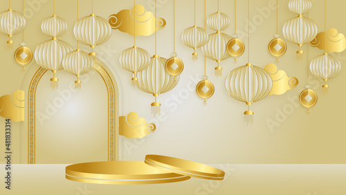 Modern 3d gold chinese china background with lantern, lamp, border, frame, pattern, symbol, cloud, rigid fixed fan and flower.