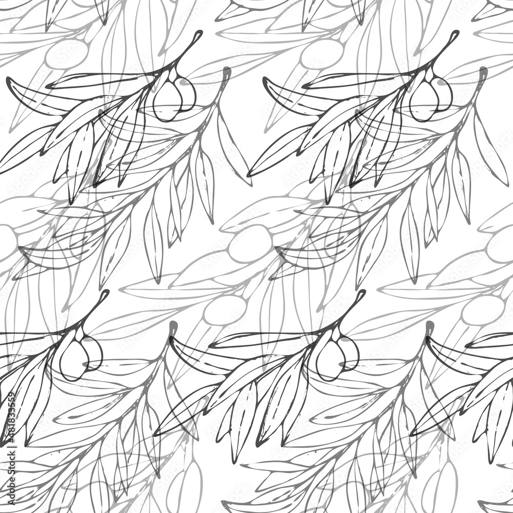Fototapeta premium Seamless pattern with ink olive branches on white background.