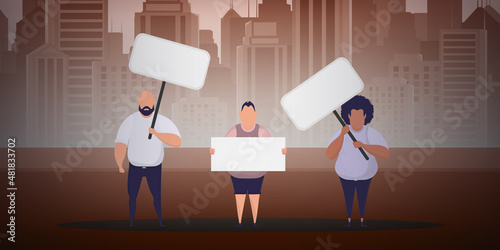 A group of men with banners are protesting. Prosky style. Vector illustration.