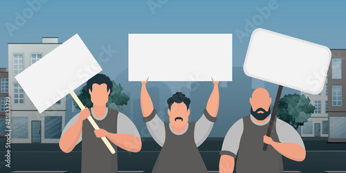 A group of men with banners came out to protest. Cartoon style. Vector illustration.