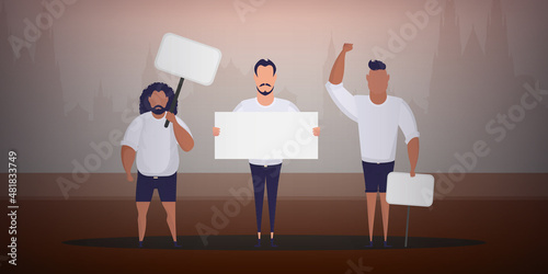 A group of men with banners came out to protest. Prosky style. Vector illustration.