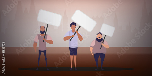 A group of men with banners in their hands are protesting. Cartoon style. Vector illustration.