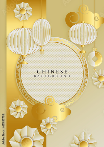 Modern 3d gold chinese china background with lantern, lamp, border, frame, pattern, symbol, cloud, rigid fixed fan and flower.