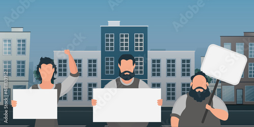 A crowd of guys with banners are protesting. Prosky style. Vector illustration.
