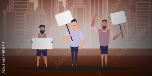 A crowd of guys with banners came out to protest. Cartoon style. Vector illustration.