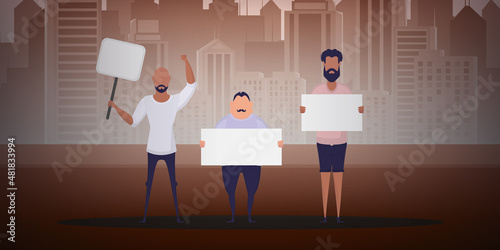 A crowd of guys with banners came out to protest. Prosky style. Vector illustration.
