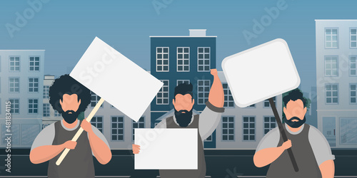 A crowd of guys with banners in their hands came out to protest. Cartoon style. Vector illustration.