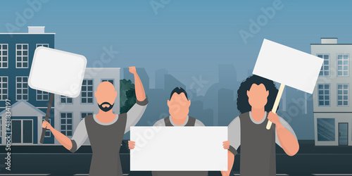 A crowd of guys with banners in their hands came out to protest. Prosky style. Vector illustration.