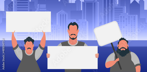 A group of men with banners in their hands are protesting. Prosky style. Vector illustration.