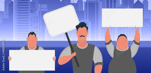 A group of men with banners came out to protest. Cartoon style. Vector illustration.