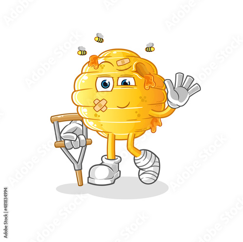 honeycomb sick with limping stick. cartoon mascot vector