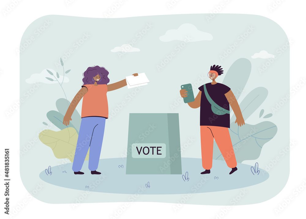 Happy American woman putting voting paper into ballot box. Elector casting vote online using phone flat vector illustration. Election, politics concept for banner, website design or landing web page Happy American woman putting voting paper into ballot box. Elector casting vote online using phone flat vector illustration. Election, politics concept for banner, website design or landing web page