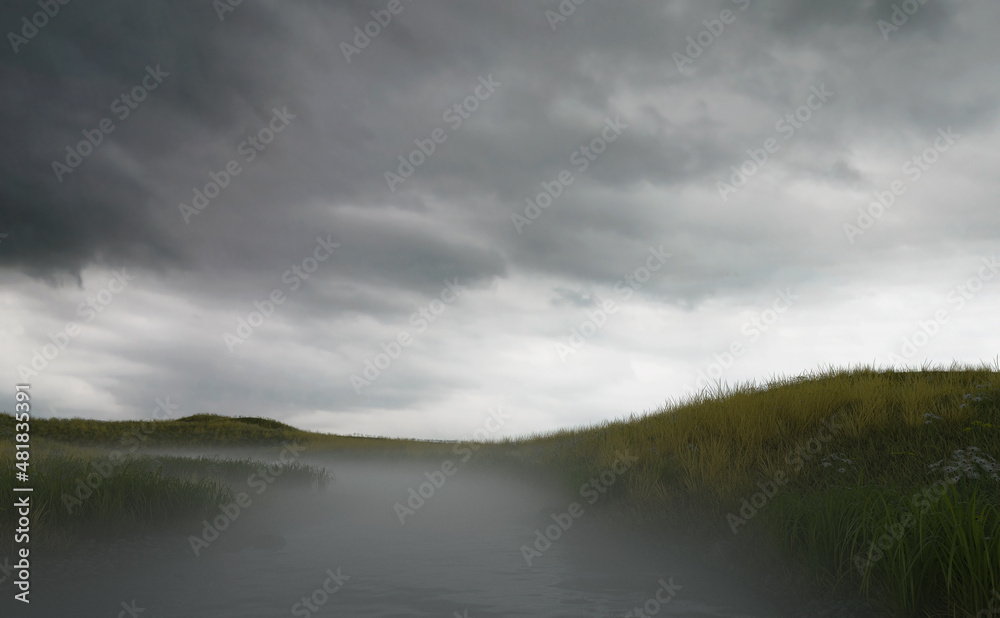 Obraz premium Misty river in rolling countryside under a cloudy sky. 3D render.