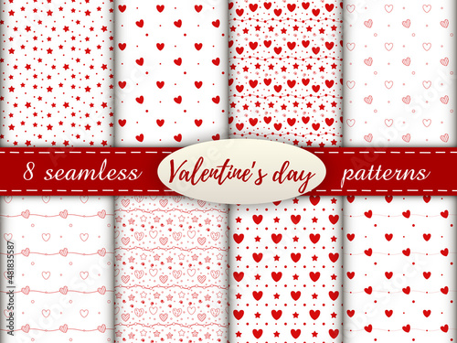 Romantic seamless patterns with a heart. Happy Valentine s Day. Set of 8 patterns with a red hearts, dots and stars on a white background.