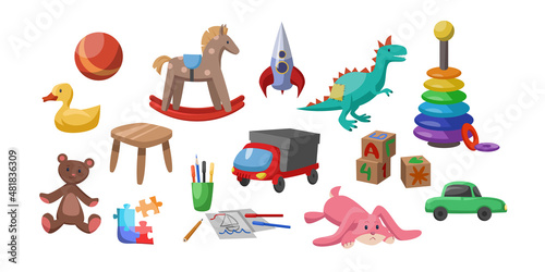 Cute toys from plush, plastic and wood vector illustrations set. Wooden building bricks, pencils, toy cars for babies, nursery elements isolated on white background. Childhood, entertainment concept