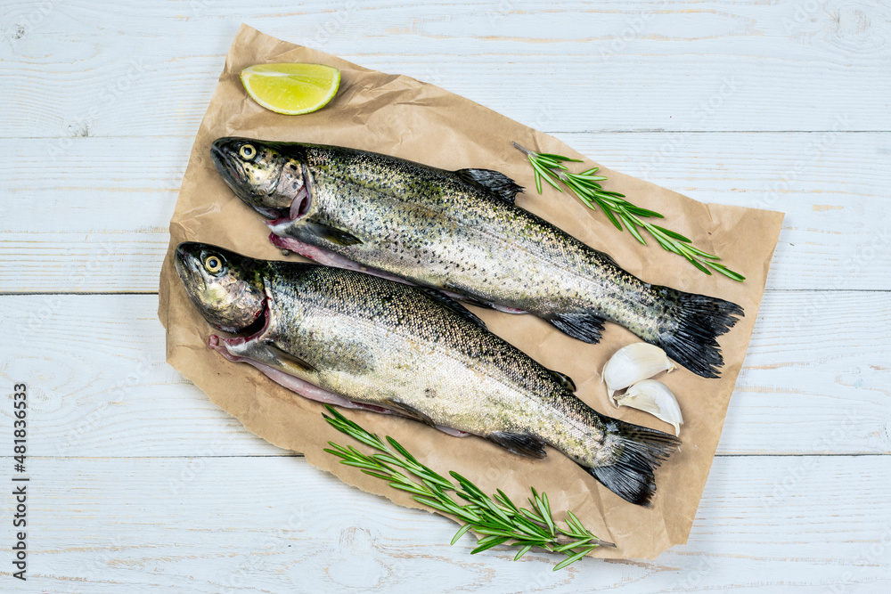 Raw fish, trout with pepper, garlics, lemon and rosemary on craft paper on white wooden table. Healthy food and dieting concept flat lay, top view image with copy space. Raw fish, trout with pepper, garlics, lemon and rosemary on craft paper on white wooden table. Healthy food and dieting concept flat lay, top view image with copy space.
