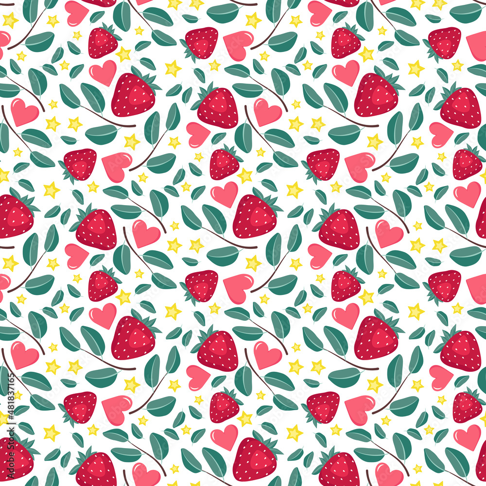 Cute seamless pattern with strawberry, hearts, star and leaves. Festive print, valentine day decoration for wrapping paper, textile and design. Vector flat illustration Cute seamless pattern with strawberry, hearts, star and leaves. Festive print, valentine day decoration for wrapping paper, textile and design. Vector flat illustration