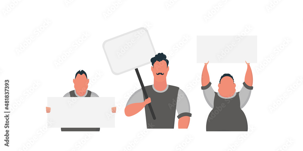 Group of Guys with blank banner isolated on white background. Flat style. Vector illustration.