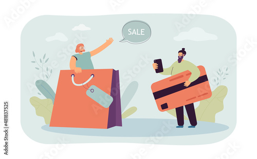Customer with huge credit card paying for purchase. Shop assistant with big shopping bag flat vector illustration. Shopping, commerce, sale concept for banner, website design or landing page