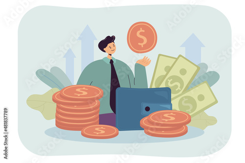 Businessman or banker with huge wallet, cash and gold coins. Cartoon entrepreneur, personal business, financial help flat vector illustration. Finances, loan refinancing, investment concept for banner