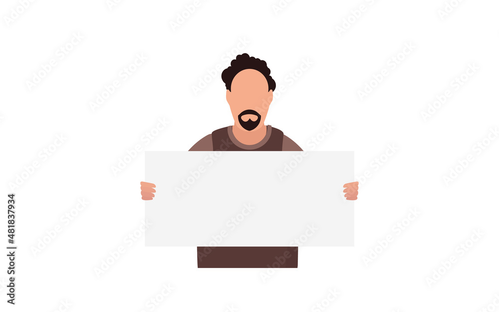 A man with a blank banner in his hands isolated on a white background. The guy is protesting. Vector illustration. A man with a blank banner in his hands isolated on a white background. The guy is protesting. Vector illustration.