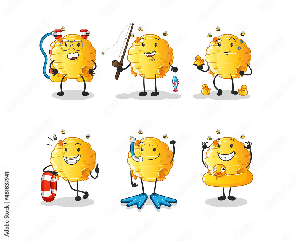 honeycomb water activity group. cartoon mascot vector