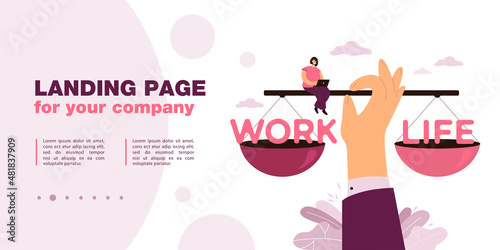 Huge hand balancing work and life on scales. Cartoon character controlling balance of career and relationships flat vector illustration. Time management concept for website design or landing web page