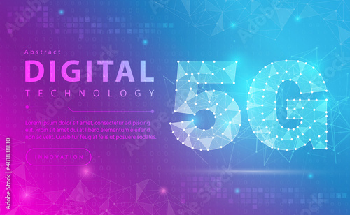 5G network wireless internet Wi-fi connection abstract background concept, Digital technology banner pink blue background binary code, abstract tech big data communication, High speed broadband vector