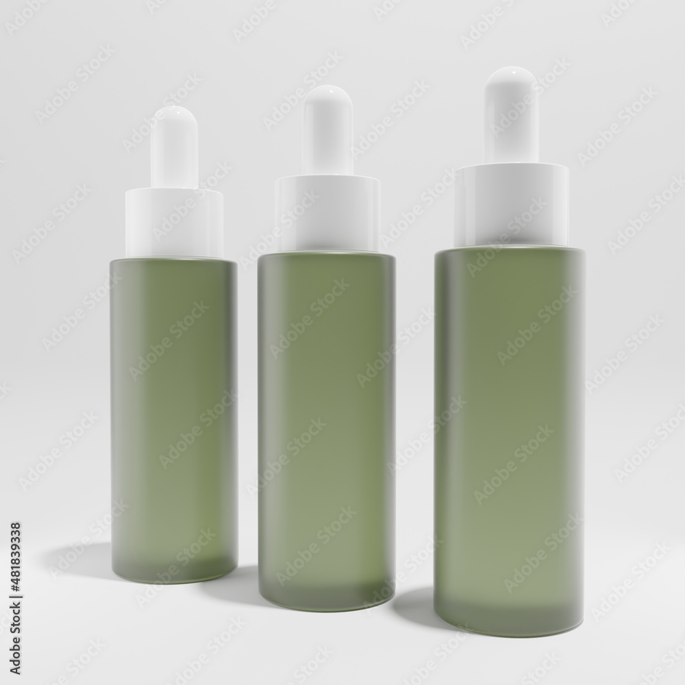 three glass green frosted droppers a front view 3d render three glass green frosted droppers a front view 3d render