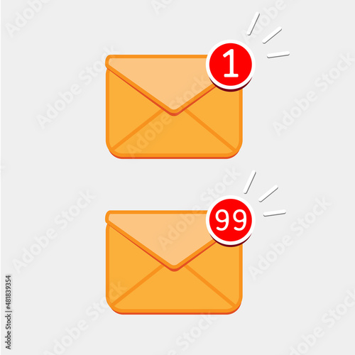 Yellow envelope with incoming mail notification with red marker One Message and Ninety-nine Message . Delivery of messages, sms. Vector icon illustration in a flat.