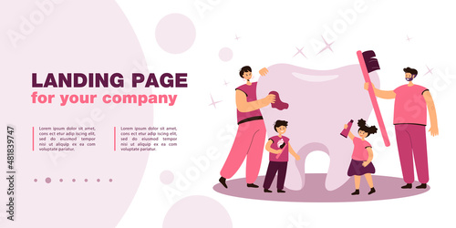 Happy family caring about big tooth together. Flat vector illustration. Parents and kids brushing, cleaning molar with oral cavity hygiene products. Dental care, health, hygiene, family concept