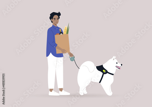 A young male Caucasian character busy with daily routine activities, walking a dog and buying groceries