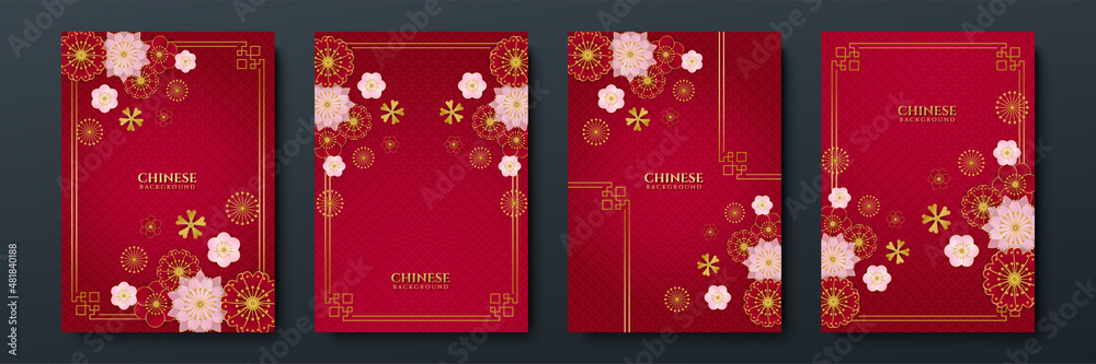 Fototapeta premium Red and gold happy chinese new year festival banner background design. Chinese china red and gold background with lantern, flower, tree, symbol, and pattern. Red and gold papercut chinese template