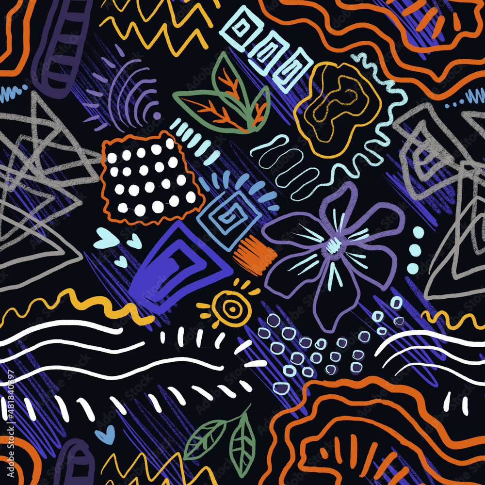 Obraz premium Creative universal artistic background in doodle style. Flowers and blots in pastel colors. Hand drawn textures. Trendy graphic design for banner, poster, card, cover, invitation, placard, brochure.