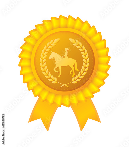 Vector icon of golden badge figure on horseback. Isolated on white background